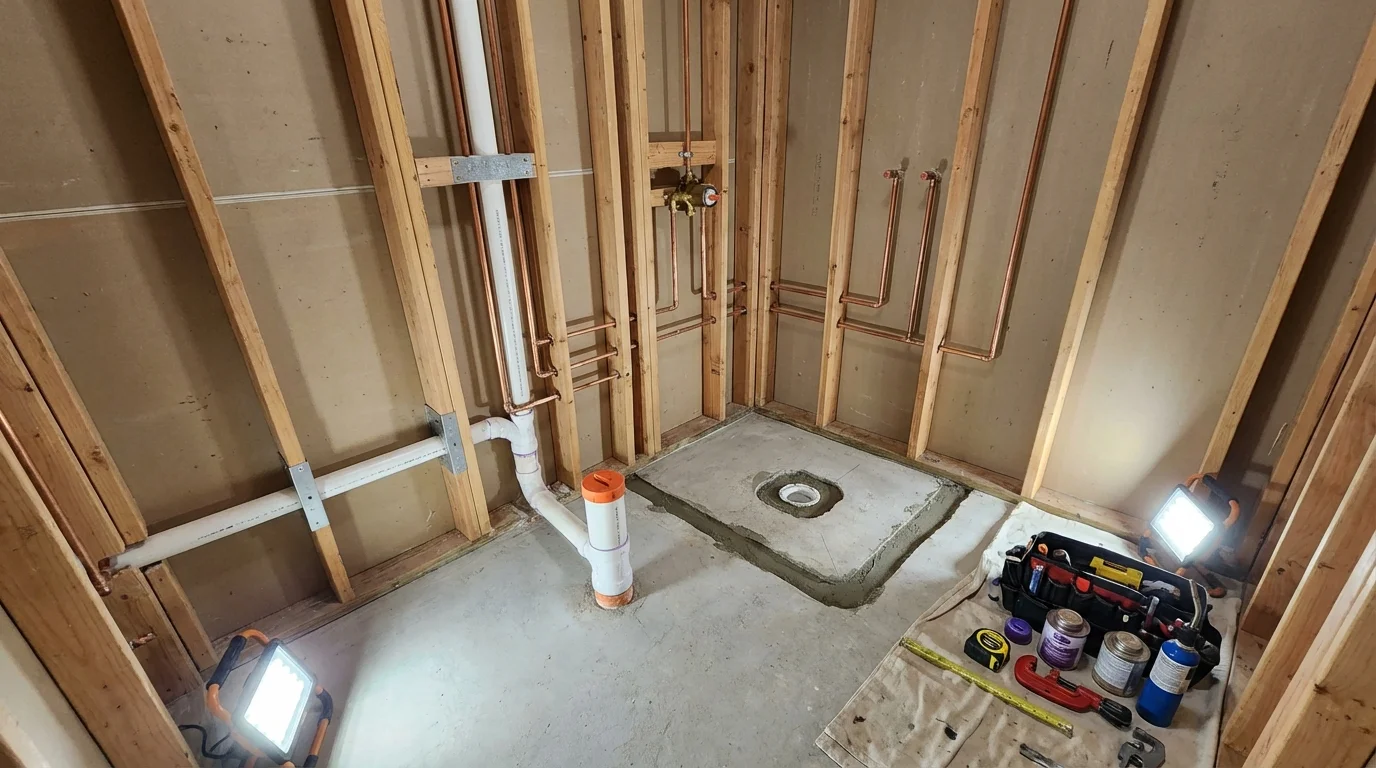 Bathroom rough-in plumbing during remodel by Johns Plumbing LLC in Muncie