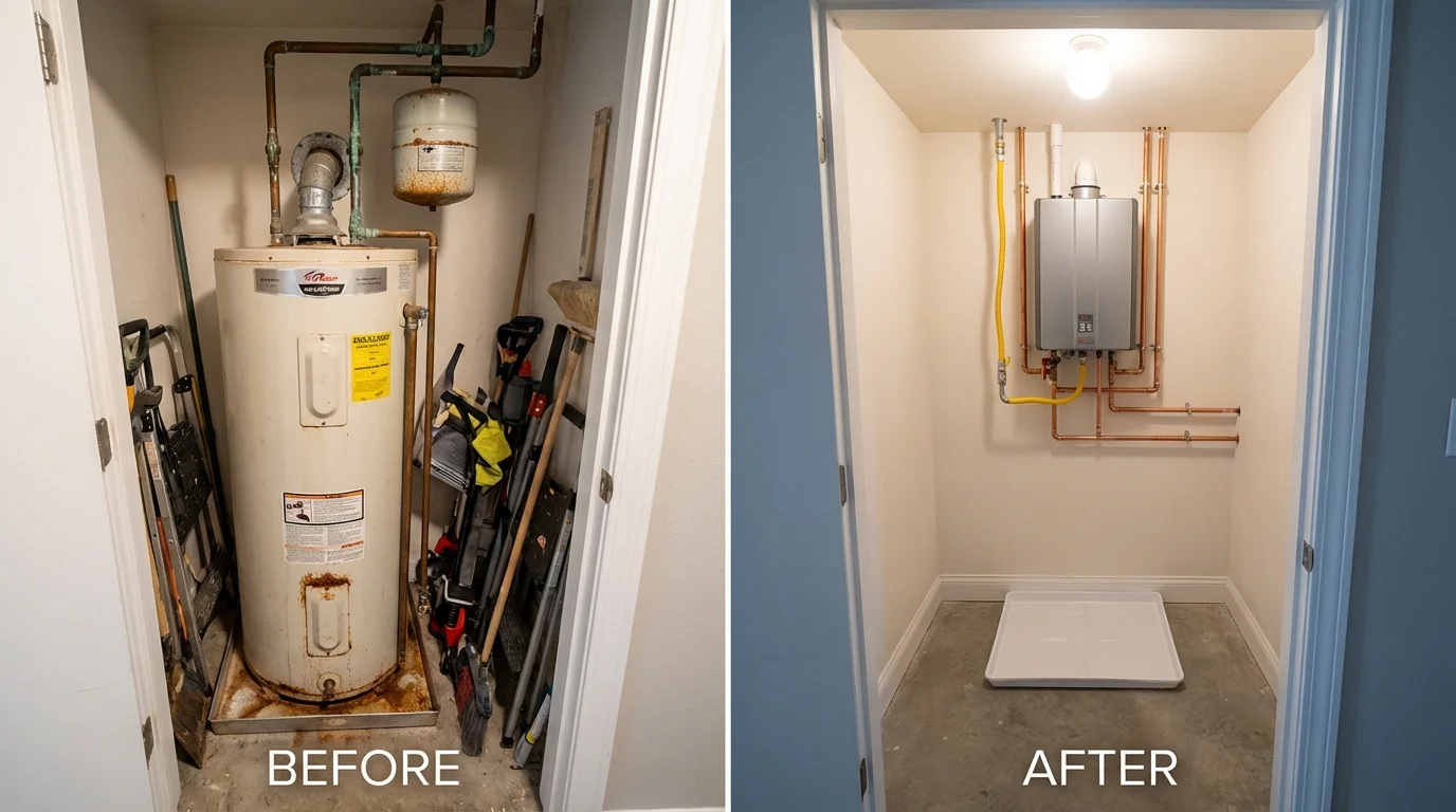 Tank water heater versus wall-mounted tankless unit comparison for Muncie, IN homeowners