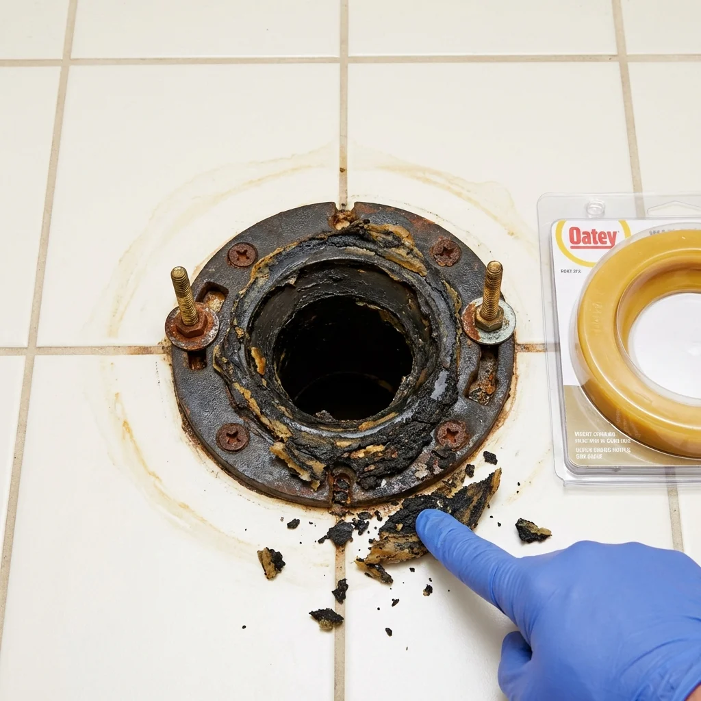 Failed wax ring showing water seepage at the base of a toilet in a Muncie, IN home