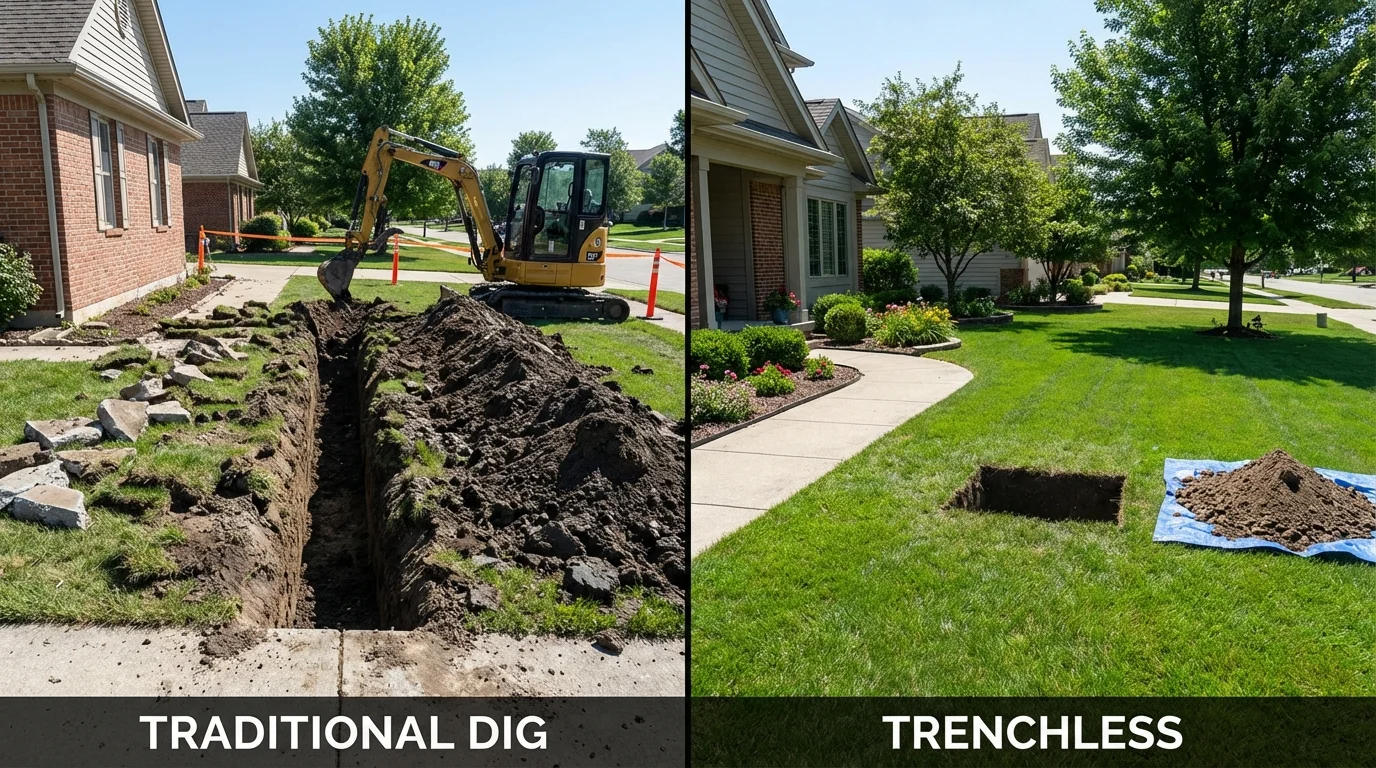 Trenchless sewer repair with minimal yard damage versus traditional excavation in Muncie, IN